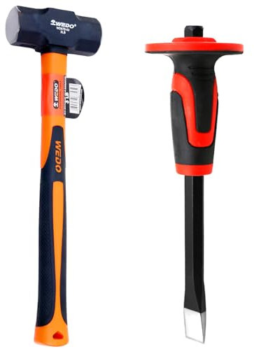 WEDO 3lb Sledge Hammer & 11 Flat Chisel with Hand Protection,Mason Flat Head Chisel and Club Hammer,Anti-Slip Handle,Concrete Chisel for Stone Demolishing Carving Breaking