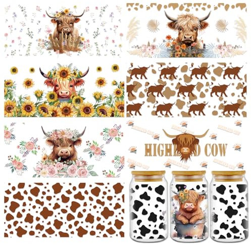 Luvart Rub on Transfers Stickers - 8 Sheets Highland Cow UV DTF Cup Wraps for 16 oz Flower UV DTF Cup Wrap Waterproof Cute Animal UV DTF Transfer Sticker Decals for Glass Cups Scrapbook DIY Crafts, Luv0676