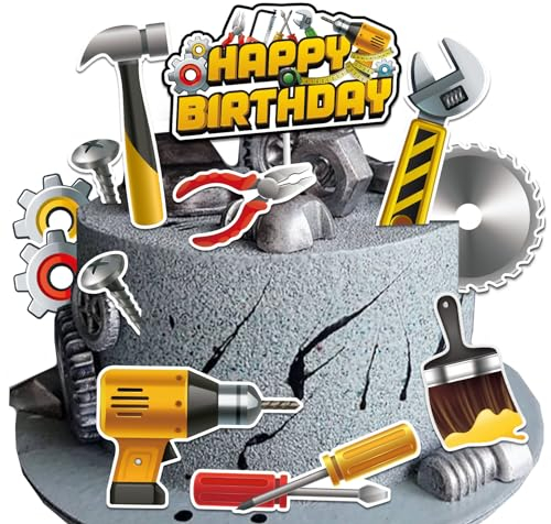 Vezerd Tortendeko Geburtstag, 12 Stück Bauwerkzeuge Kuchen Deko, Happy Birthday Tortendeko, Werkzeuge Cake Topper Geburtstag für Jungen Party Dekoration Zubehör Torten Deko