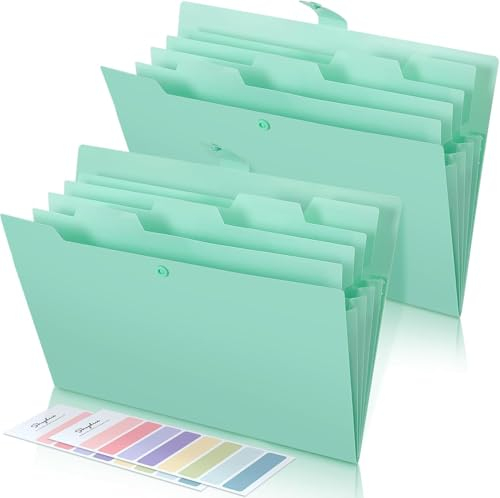 SKYDUE Lot de 2 trieurs à soufflets, système de classeur, porte-documents A4, avec étiquettes, classeur à levier avec 5 compartiments, pour bureau, école (vert)