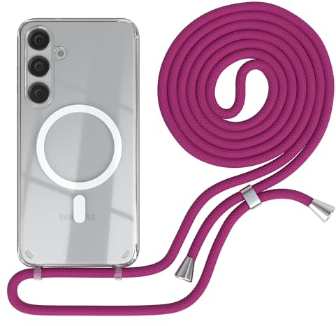 EAZY CASE - Handykette kompatibel mit Samsung Galaxy S24 Plus Kette zum Umhängen Stoßfest Handyhülle für Galaxy S24 Plus Silikon Hülle mit Band Handytasche Transparent als Fallschutz in Pink