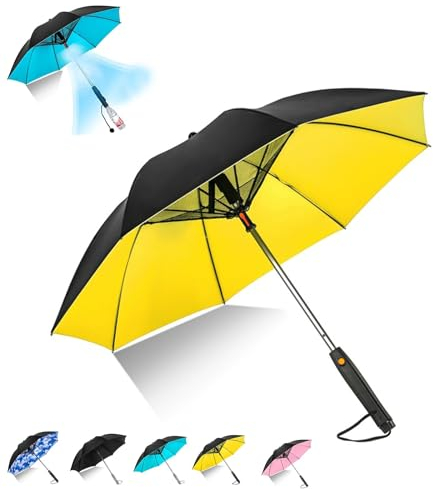 Paraguas 3 En 1 Con Ventilador,Paraguas Con Ventilador Y Rociador De Niebla,Paraguas De Ventilador Con Sombra De Nebulización,Paraguas Solar Recargable Por USB,protección UV (Amarillo,One Size)