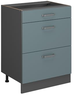 Vicco Küchenunterschrank R-Line, Blau-Grau/Anthrazit, 60 cm mit Schubladen, AP Anthrazit
