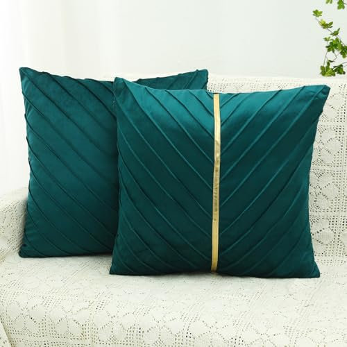 XIEJINJIA 2er Set Samt Kissenbezug mit Gold Leder Kissenhülle Sofakissen Dekorative Dekokissen Zierkissenbezüge für Couch Schlafsofa Wohnzimmer Schlafzimmer 45 x 45 cm Pfauengrün