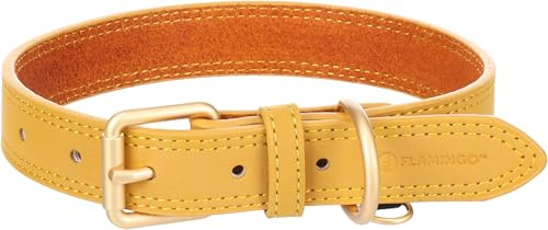 Flamingo Halsband für Hund Virginia gelb M/L 38-48cm 25mm - Mit einem Ring für ID-Anhänger - Genäht für extra Stärke