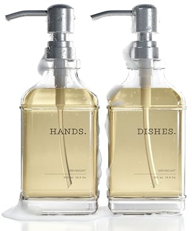 GREYMOUNT ® Glas Seifenspender Set Silber - 2er Pack 500ml | Edelstahl-Pumpspender für Flüssigseife | Spülmittelspender für Küche | Handseifenspender für Bad inkl. 6 wasserfeste Etiketten