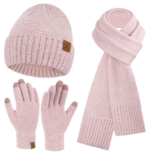 Winter Warm Damen Mütze Lange Schal Touchscreen Handschuhe Set Thermo Wintermütze Strickmütze Beanie Winterhandschuhe Schals für Damen Geschenk Frauen, Rosaweiß