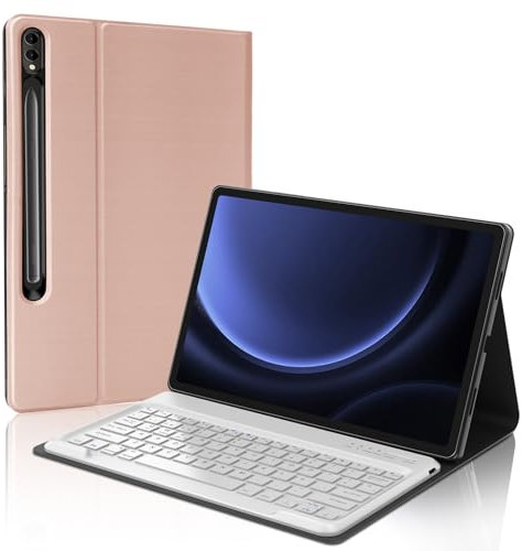 FOGARI Teclado para Samsung Galaxy Tab S9 Plus 5G 2023 - Bluetooth Teclado Español Ñ para Samsung Galaxy Tab S9+/S8 Plus/S7 FE/S7+ 12.4'', Funda Tapa con portalápices, Rosa