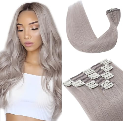 Elailite Clip in Hair Extensions Real Human Hair 8 Pieces (Thin Weft) Straight - #Grey - 24 Inch (80 g)