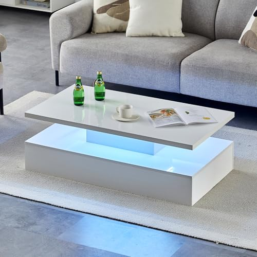 TUKAILAI Couchtisch weiß Hochglanz mit LED, Verstellbares Licht，Coffee Table Wohnzimmertische für Wohnzimmer, Modern Rechtecke 2-stufiger Kaffeetische, 110 * 60 * 38 cm
