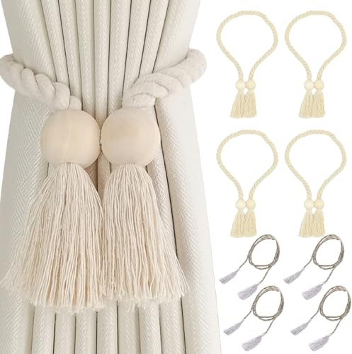 FISH DRAGATE 4 Stück raffhalter für vorhänge,vorhang raffhalter magnetische,raffhalter für gardinen,vorhang halter mit 4 Zierbändern,gardinenhalter raffhalter vorhang boho für Zuhause und Büro vorhang