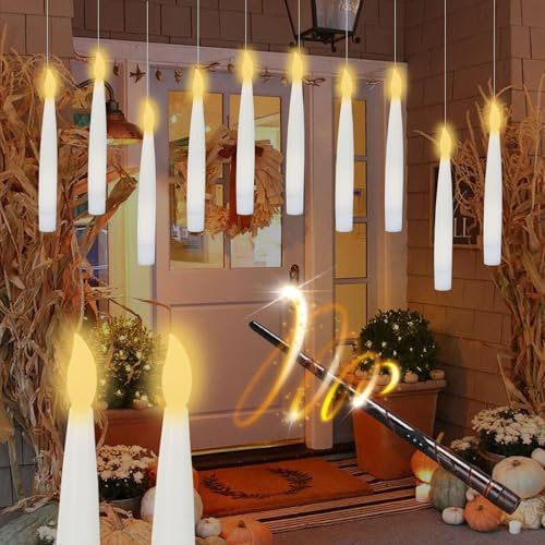 12 Stück Flammenlose kerzen, Schwebende Kerzen mit Fernbedienung, LED Stabkerzen mit 6H Timerfunktion, Flammenlose Hängende Fliegende Kerzen für Weihnachten, Hochzeit, Party, Halloween Dekoration