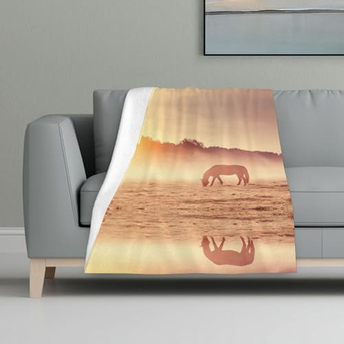 DEXNEL Decke mit Pferden auf der Weide bei Sonnenuntergang, Sofa-Überwurf, weich, warm, vielseitig, für Reisen, Camping, leichte Decke für Weihnachten