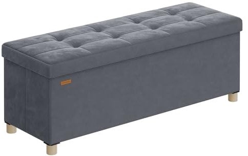 SONGMICS Sitzbank mit Stauraum, Hocker faltbar, 38 x 110 x 40 cm, Aufbewahrungsbox mit Deckel, Fußhocker 112 L, Samt, bis 300 kg belastbar, Flur Wohnzimmer Schlafzimmer, schiefergrau LSF0518G02