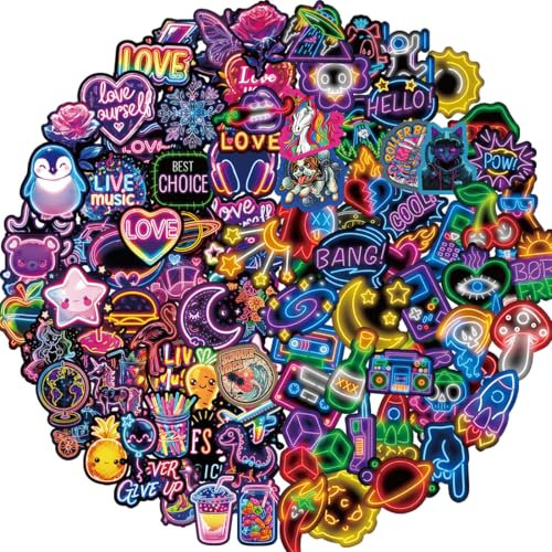 Neon Sticker Set,100 Stück Coole Lustige Neon Sticker, wasserdichte Vinyl Sticker,Kinder Sticker für Laptop Handy Scrapbook Skateboard Wasserflasche Journal Kindle MacBook IPad Tassen usw