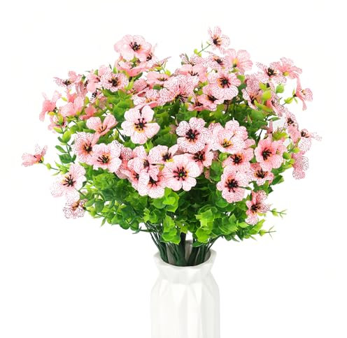 HBell 12 Bundles Outdoor Artificial Flowers UV Resistant Fake Boxwood Plants,Faux Plastic Greenery for Indoor Outside Hanging Plants Garden Porch Window Box Home Wedding Decor (Pink)