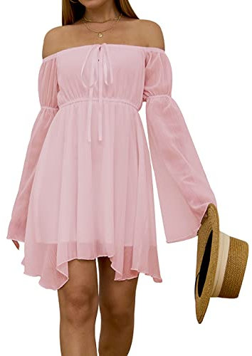 FDKLOOK Womens Off Shoulder Dress Bell Sleeve Lace-Up Irregular Summer Casual Party Flowy Chiffon Pink Fairy Dress L