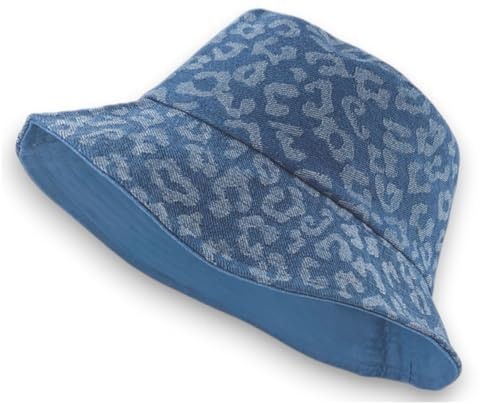styleBREAKER Damen Wendehut Denim Leoparden Print | 2-in-1 Fischerhut aus 100% atmungsaktiver Baumwolle, 6 cm breite Krempe gegen Sonne, bequemer Sitz für 58 cm Kopfumfang.