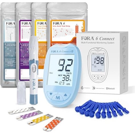 FORA 6 Connect | 4-in-1 Blutzucker-, Keton-, Cholesterin-, Harnsäure-Messgerät | Für die Selbstanwendung zu Hause | Bluetooth & App | Inkl. Teststreifen & Zubehör, Blau