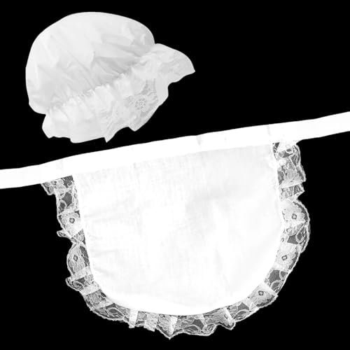 Kids Girls Victorian Maid Costume White Mop Hat & Lace Pinny Apron Fancy Dress Set for Book Week, School Plays, Historical Days & Role Play