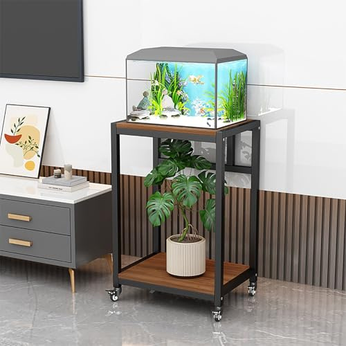 TRAGLO Aquarienständer, 2-stufiger Aquariumständer mit Ablage, Reptilien-Terrarienständer mit Universalrollen für Zuhause und Büro(Black Frame+Walnut,80x40x75cm)