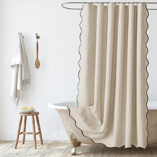 SK Studio Rideau de Douche en Lin Texturé 100x200cm, Imperméable et Lavable, Anti-moisissure, pour Salle de Bain avec Anneaux, Beige