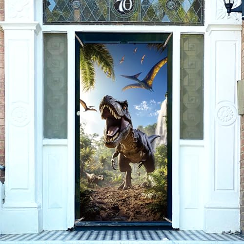 arricraft 1 Stück Dinosaurier Thema Polyester Tür Abdeckung, Dinosaurier Laden aus dem Wald Hintergrund Banner Tür Veranda Schild Fotografie Hintergrund für Indoor Outdoor Veranda Zubehör