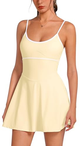 ABOCIW Damen-Tenniskleid mit quadratischem Ausschnitt und Shorts, Spaghettiträger, rückenfrei, Workout, Seitenschlitz, athletisches Golfkleid, Weißer Rand, gelb, X-Klein