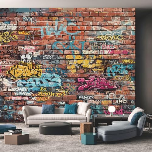 Fototapete Vlies Tapete Graffiti Ziegel Streetart Fototapeten Vliestapete Tapeten Moderne Wandtapete, Wohnzimmer, Flur, TV Hintergrund Wandtapete Poster Bilder Wand Deko, 150 x 105cm (B×H) iPk148
