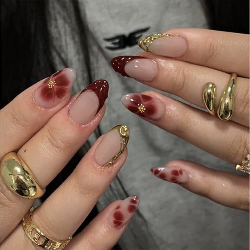 Aribliseza Press On Nails, 24 Stück Nägel zum Aufkleben & French Tip Press On Nails, Dunkelrote Almond Fake Nails mit Blume, Glänzende Goldlinie & Acryl Nails für Frauen