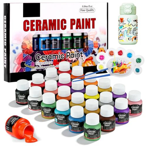 24 Farben Porzellanfarbe Set 25ml Porzellanfarbe Spülmaschinenfest Keramik Bemalen Set mit Palette und 2 Pinsel, Wasserdicht Keramikfarben Acrylfarbe von DIY-Bechern, Tassen, Keramik, Glas