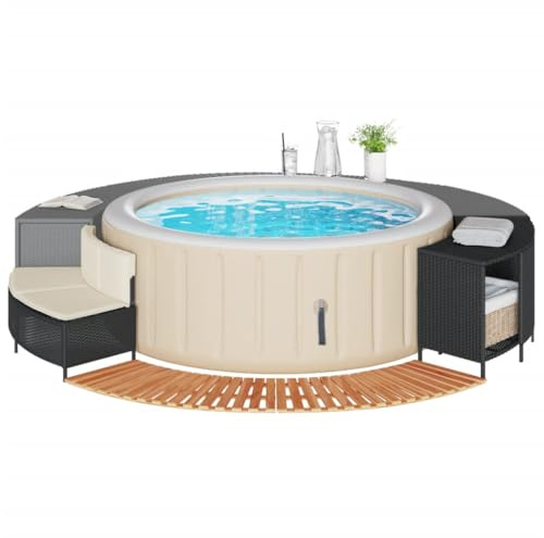 Rivestimento per vasca idromassaggio in Poly-Rattan nero e legno massiccio di acacia con scaffale, gradino e panca da giardino per maggiore comfort, durata e resistenza alle intemperie per l'esterno,