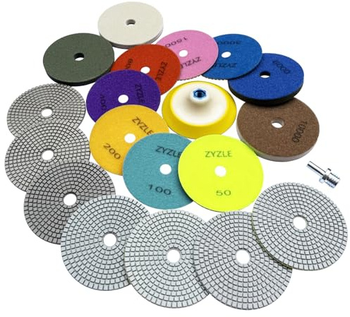 Diamant Polierscheiben 125MM Nass/Trocken Polierset 11PCS | M14 Stützteller & Adapter für Marmor Granit Beton Fliesen 50-10000 Schleifscheiben für Winkelschleifer und Bohre