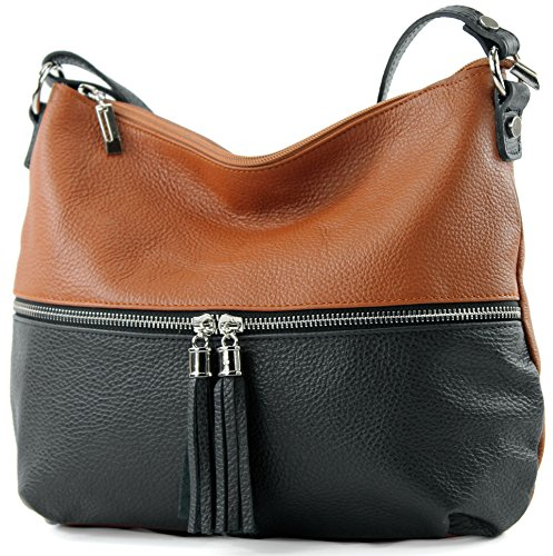 modamoda de T159 Damen Leder Umhängetasche Schultertasche Medium handmade in Italy, Farbe:Cognac/Schwarz