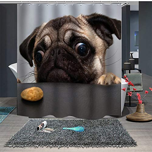 Chickw1 Duschvorhang Anti-Schimmel & Wasserdicht, 3D Creative Haustiere Welpen Drucken Duschvorhang mit 12 Duschvorhangringe für Badezimmer (180x200cm,Mops)