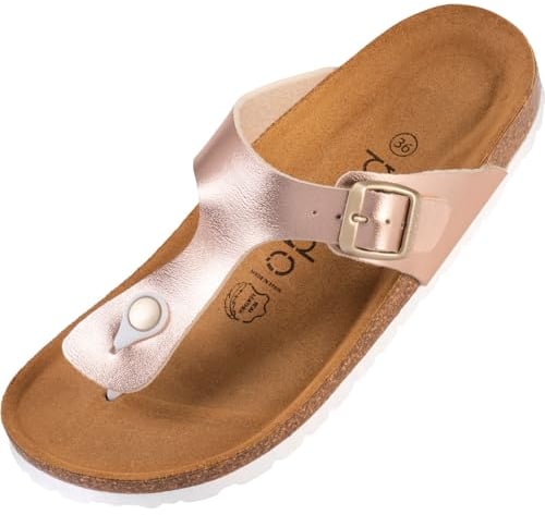 Palado Zehentrenner Damen Kos Metallic – gefertigt in Spanien – Obermaterial mit metallischer Optik – Weichfußbett – Veloursleder-Decksohle Rosegold UK6 - EU39