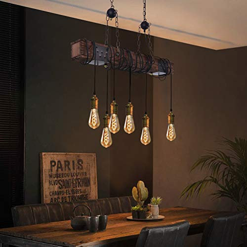 ZMH Vintage Pendelleuchte Hängelampe Holz Hängeleuchte esstisch Pendellampe Retro Esstischlampe 80CM Holzbalken 6-Flammige E27 industrielle für Esszimmer Küche Bar Restaurant