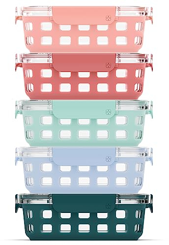 Ello Duraglass 3.4 Cup Meal Prep Sets 10Pc, 5 Pack Set- Glass Food Storage Container with Silicone Sleeve and Airtight BPA-Free Plastic Lids, Dishwasher, Microwave, and Freezer Safe, Melon