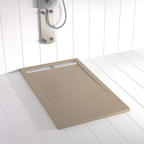 Shower Online Receveur de douche en résine FLOW - 70x80 - Texture Ardoise - Antidérapant - Moka S 4010 Y 30 R - Toutes les tailles disponibles - Y compris laGrille en Acier Inoxydable et la Bonde