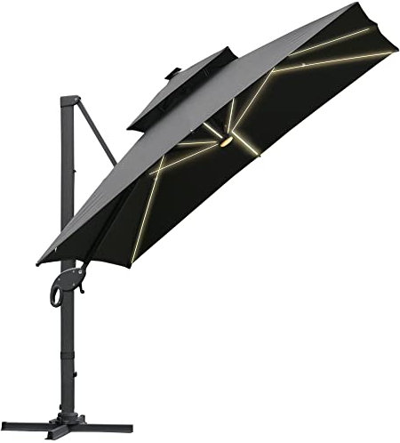 Outsunny Parasol déporté rectangulaire parasol LED inclinable pivotant manivelle acier alu. dim. 3L x 3l x 2,66H m polyester gris