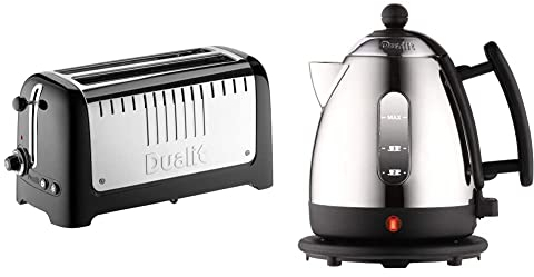 Dualit 46025 2 Slot Long Lite Toaster - Black & Lite Kettle - 1L 2kW Jug Kettle - Polished with Black Trim, High Gloss Finish - Fast Boiling Kettle by - 72200