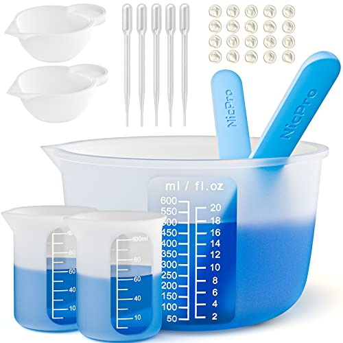 Nicpro Großes Silikon Messbecher Set, 600 ml & 100 ml Mischbecher, Rührstäbchen, Silikonbecher, Pipetten, Fingerlinge zum Mischen von Epoxidharz, Formen, Wachsen, Schmuckherstellung leicht zu reinigen