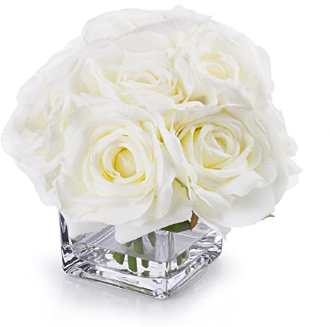 Enova Floral Rose Künstliche Blumen in Vase, Gefälschte Blumen Arrangements in Vase mit Kunstwasser für Hochzeit, Esstisch (Creme)