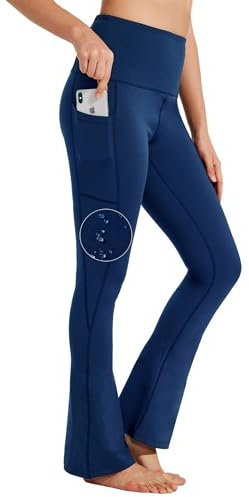 BAYGE Damen Bootcut Yogahose Hohe Taille Wasserdicht Blickdicht Bauchkontrolle Slim Fit Leggings Sporthose Schlaghose Sweathose Fitnesshose mit Taschen, Blau, M