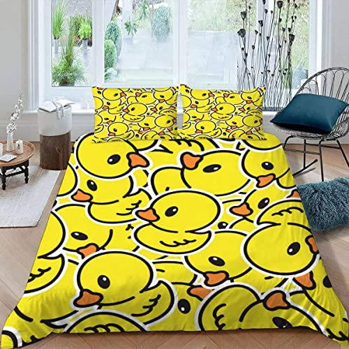 MOUPL Bettwäsche Kawaii Ente 155x220 3teilig 3D Gelb Cartoon Ente Bettbezug Set mit Reißverschluss 100% Leicht Mikrofaser Kuschelig Atmungsaktive Sommer Betten Set mit 2 Kissenbezug 80x80 cm