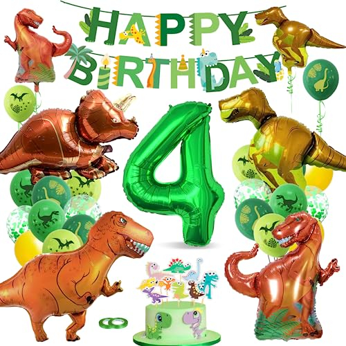 XXL Dino Geburtstag Deko 4 Jahre,Bluelves Dinosaurier Geburtstagsdeko Jungen 4 Jahre, Grüner Luftballons Dino,Dschungel Folienballon Zahlenballon 4 für Dinosaurier Party Kindergeburtstag