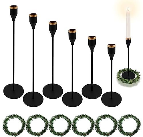 SNAILGARDEN Schwarze Kerzenhalter, 6er-Set, hohe Kerzenhalter für Spitzkerzen, dekorativer Metall-Kerzenständer mit 6 Kerzenkränzen für Abendessen, Hochzeit, Party, passend für 1,9 cm dicke Kerzen