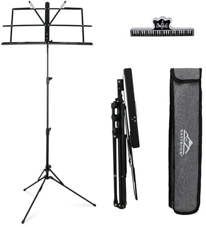 EASTROCK Notenständer,2-in-1-Klapp-Notenständer mit doppeltem Verwendungszweck und Desktop-Bücherständer, tragbar und leicht mit Notenbogen-Cliphalter,Metall Notenständer mit Tasche(Schwarz)
