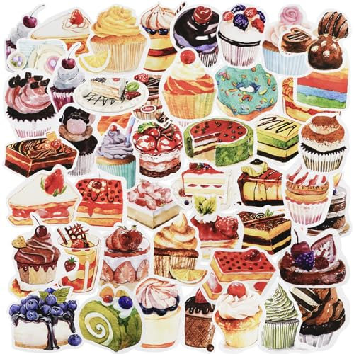 Lot de 50 autocollants en forme de gâteau à dessert, kawaii pour ordinateurs portables, bouteilles d'eau, vélos, téléphones, bagages, skateboard, pour adultes, adolescents, filles et enfants