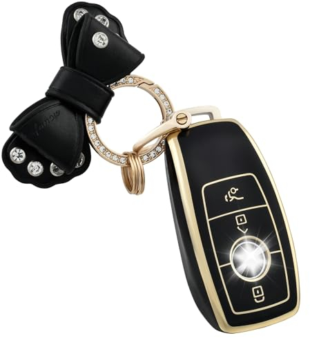 OFF WE GO Autoschlüssel Hülle für Mercedes Benz Schlüsselhülle Cover für Klasse A B C E S CLA CLS GLA GLS GLE GLC GLK SL SLC Auto Schlüssel mit Schlüsselanhänger Schutzhülle Schlüsselbox, Schwarz Gold
